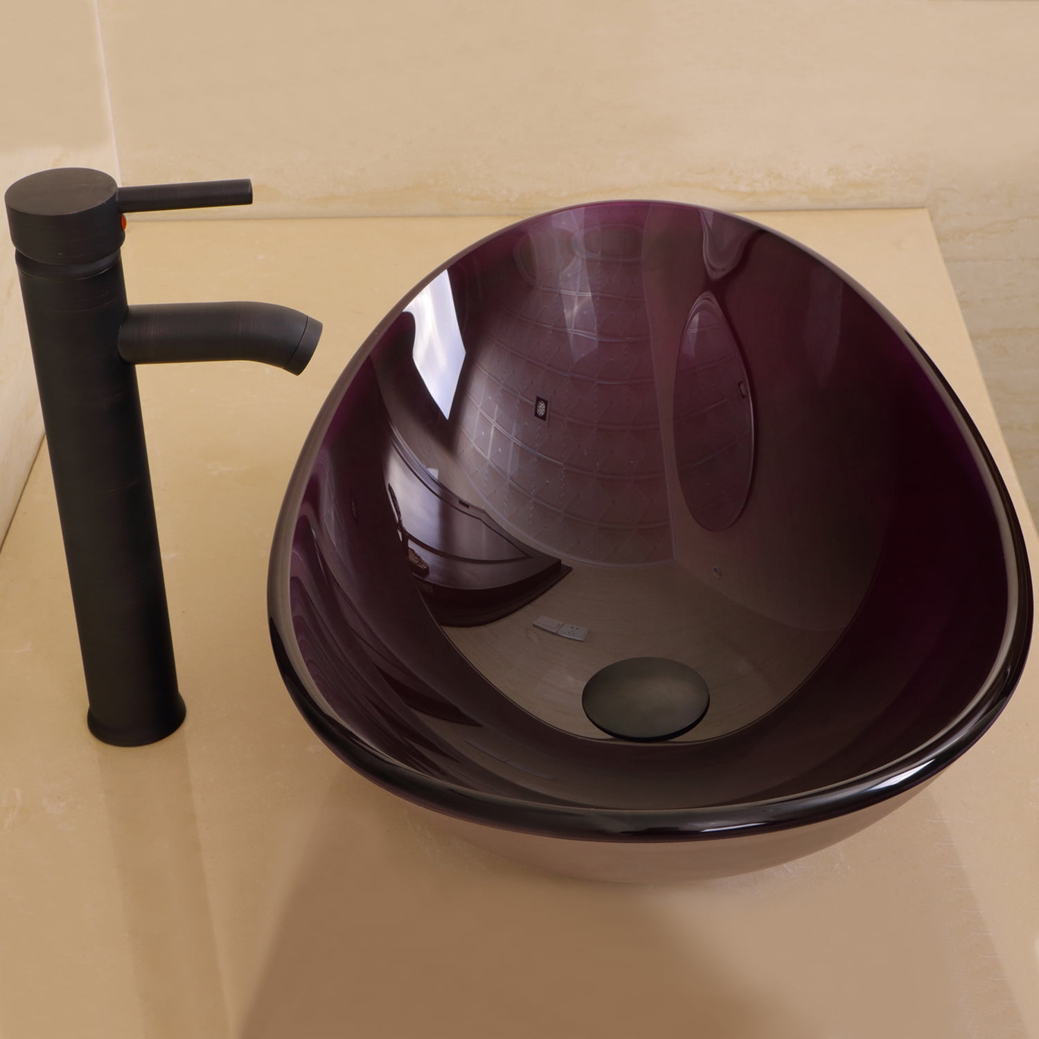 Wonline Purple Tempered Glass 21.5 x14 x 6.3 Inch Oval Bathroom Vessel Sink