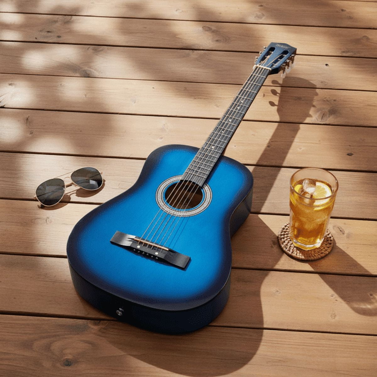 38in Round Acoustic Guitar with Picks, Strings, Capo, Case, Tuner, and Strap (Blue)