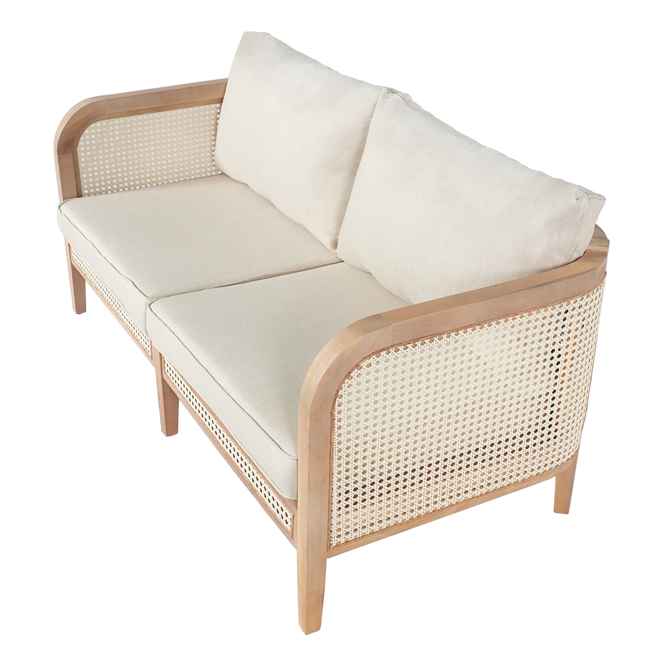 Christopher Knight Home Outdoor Wicker Sofa, Acacia Wood Frame with Cushions, Boho Patio Loveseat, Natural+Beige