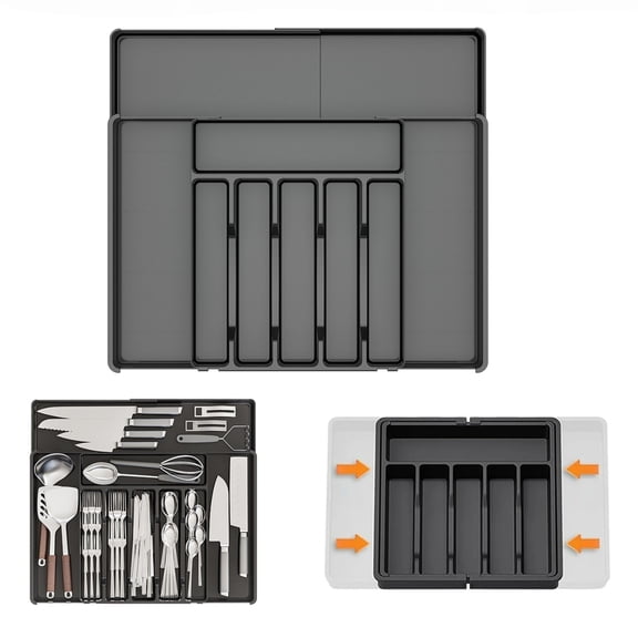 Behome Silverware Organizer, Expandable Silverware Tray for Drawer, Space-Saving 9 Storage Compartments Holds Silverware, Multipurpose Kitchen Drawer Organizer for Forks, Knives, Black