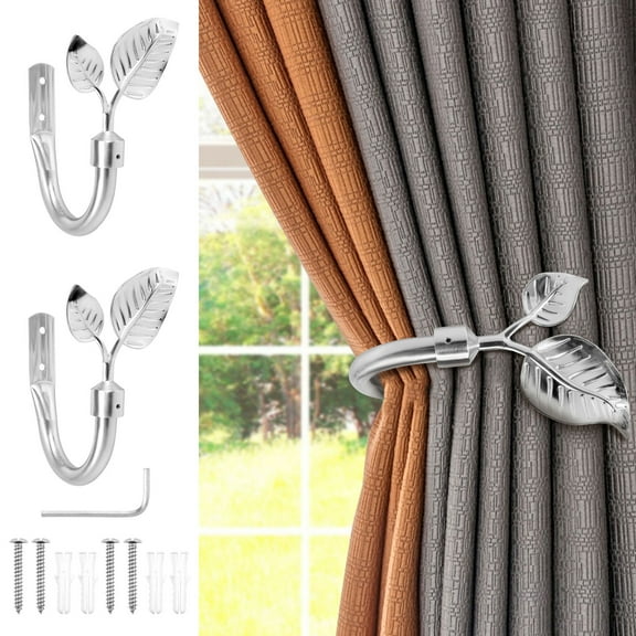 2Pcs Metal Leaf Shape Curtain Holdback with Screws Accessories Wall Mounted Decorative Curtain Tieback for Living Room Bedroom Office Home