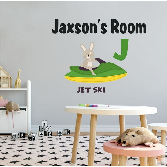 ALPHABET - Home Kids Bedroom Art Personalized Name Lettering Art Decoration Jetski Bunny Rabbit Design Vinyl Adhesive Wall Decal - Educational Letter J Alphabet Removable Wall Sticker 10" x 8"