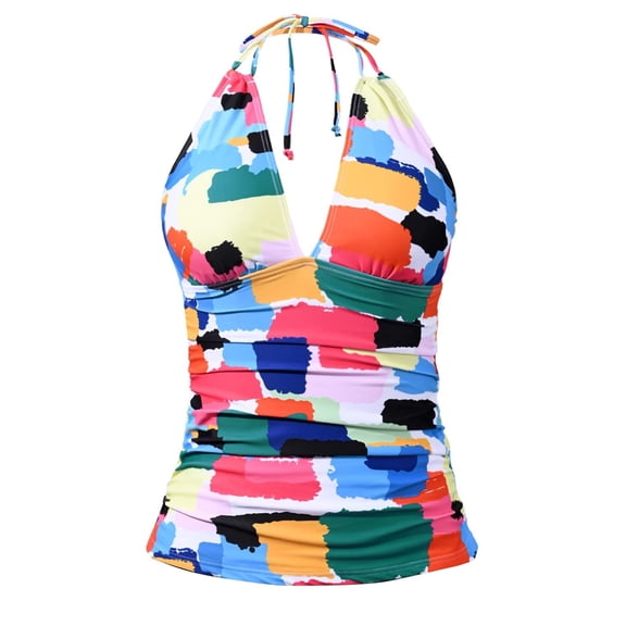 Tankini Tops for Women Swimwear Top Only Halter V Neck Tummy Control Swimsuits Summer Beach Bathing Suit Tops White L