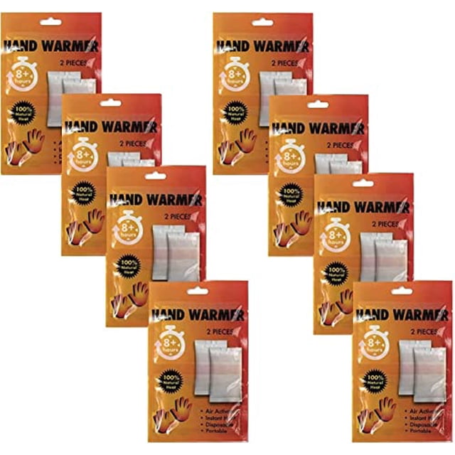 100 Pack of Bulk Wholesale Hand Warmer Heat Packets, each containing 2 packets per pack, displayed in orange packaging with clear windows showing the heat pouches. The packaging highlights features such as 8+ hours of natural heat, air-activated technology, and compact design. Ideal for outdoor activities, pain relief, and cold weather use.