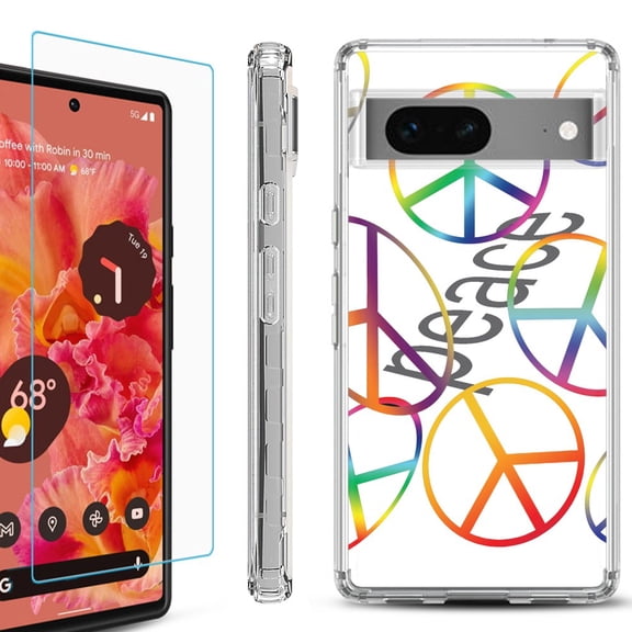 Shockproof Bumper Phone Case for Google Pixel 7, with Tempered Glass Screen Protector, by OneToughShield ® - Colorful Peace