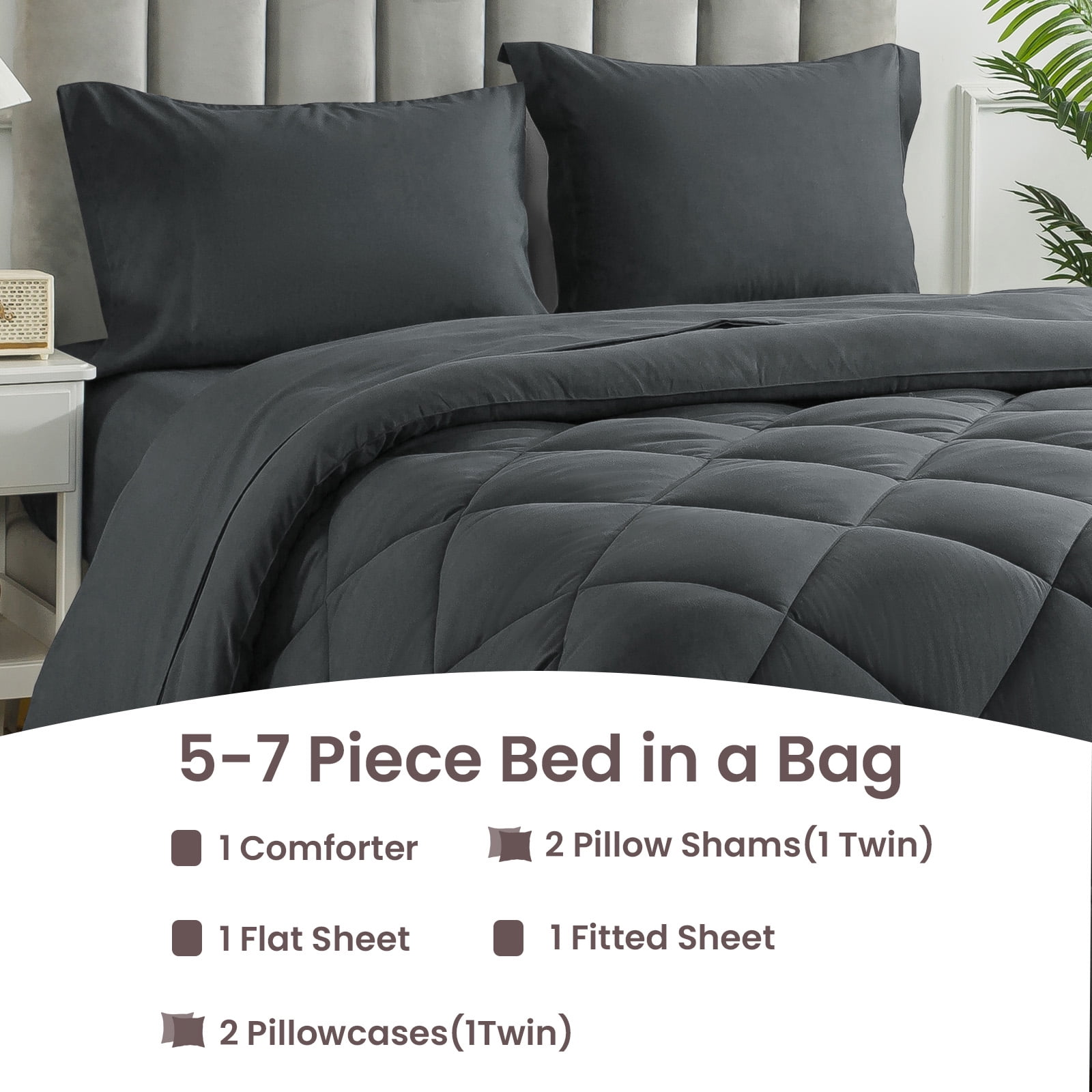 Wishead Queen Bed in a Bag Comforter Set with 7 Pieces - Dark Gray All Season Bedding Sets with Comforter, Pillow Shams, Flat Sheet, Fitted Sheet and Pillowcases