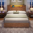 thumbnail image 2 of Farmhouse Bed Frame Full Size with Headboard and Double Barn Door Storage Cabinets LED Rustic Wooden Bed with Charging Station and 4 Drawers Brown, 2 of 9