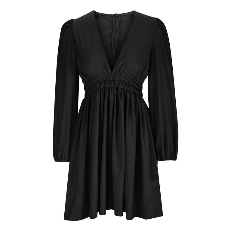 black babydoll midi dress Olyvenn Womens Plus Size Bubble Babydoll Midi Dress Fashion Stylish Solid House Dress Trendy Deep V Neck Cropped Elastic Waist Loose Casual Smocked