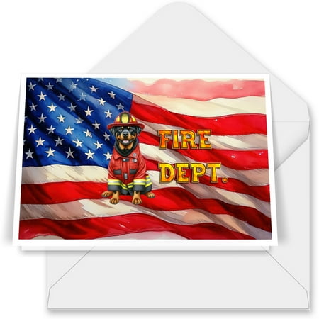 Firefighter Rottweiler Hero Rescue Fire Dept Fireman USA Flag 7x5in Folded Greeting Card Rottie Dog Lover Gifts Idea Single Note Card with Envelope - 02026
