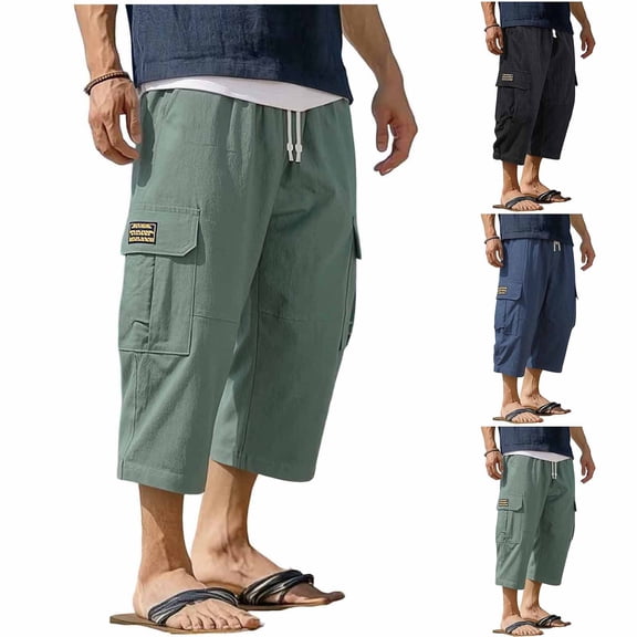 Men Loose Casual Cargo Pants Multi-Pocket Drawstring Work Pants Trousers Elastic Waist Belted Straight Leg Lightweight Stretchy Quick Dry Gym Hiking Streetwear Workwear | Zenithor,Army Green L