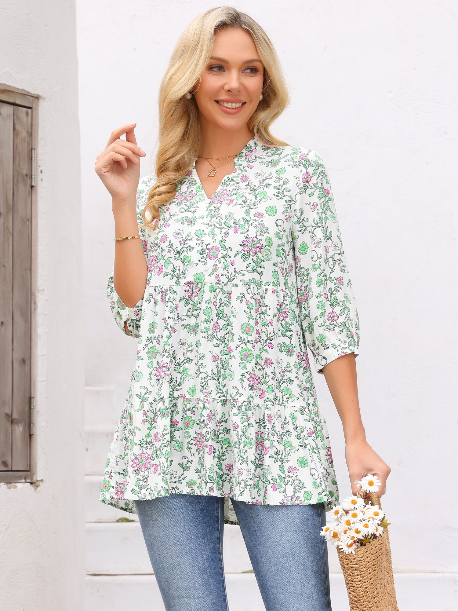 DARING DIVA Women's Floral Notch V Neck 3/4 Sleeve Babydoll Ruffle Tunic Blouse XL White