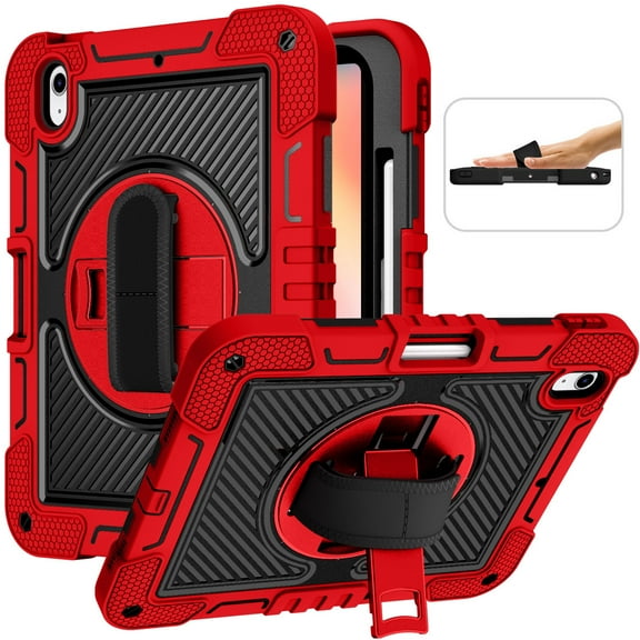 TJS for iPad 10th (2022) 10.9 Inch Case with Pencil Holder, Rotatable Hand Strap Kickstand Hybrid Heavy Duty Shockproof Protective Case (Red)