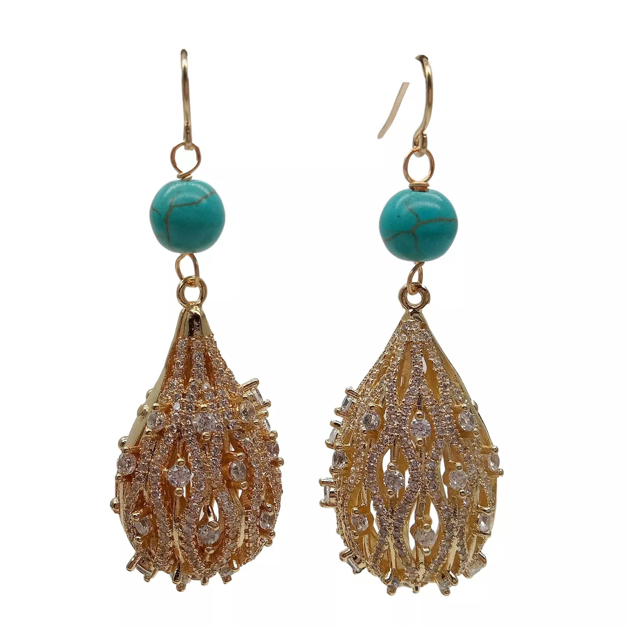 EOEMY Blue Turquoise Cubic Zirconia Pave Teardrop Hook Earring