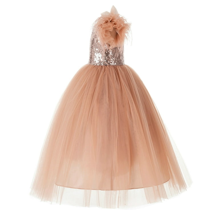 One Shoulder Feather Flower Girl Dress Junior Bridesmaid Gown OS2 Rose Gold / 8 One Shoulder Feather Flower Girl Dress Junior Bridesmaid Gown OS2 Rose Gold / 8