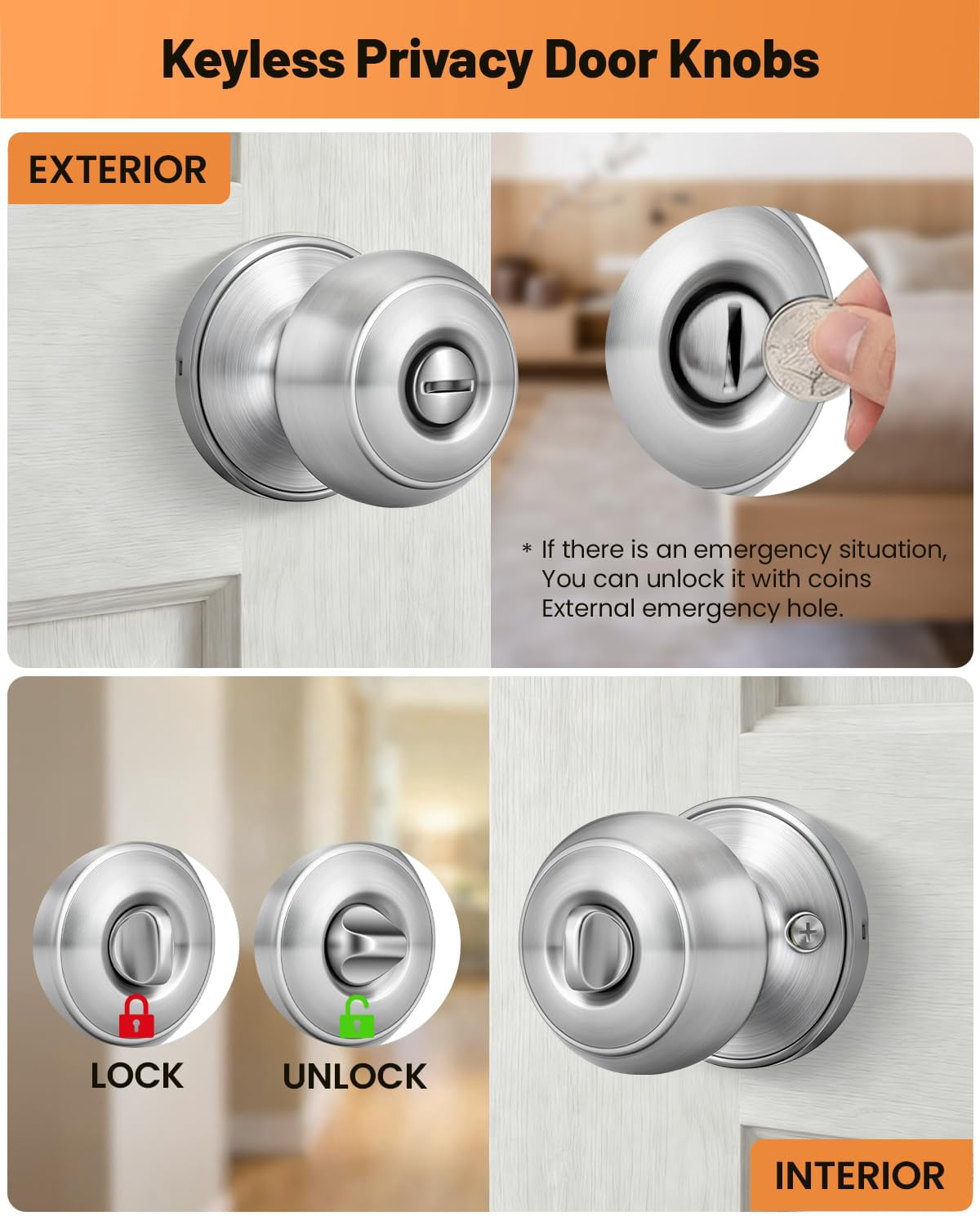 Black Door Knobs, 10 Pack Privacy Door Knobs Interior Door Knob for Bedroom/Bathroom Keyless Doorknobs Interior/Exterior Lockset, Black Modern Design Door Hardware