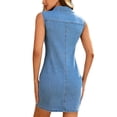 thumbnail image 7 of Vivianyo HD Women's Denim Mini Dress Lapel Sleeveless, Jean Dress for Women Button Front Fitted Bodycon With Chest Flap Pockets , Women's Light Blue, Sizes S-XL, 7 of 7