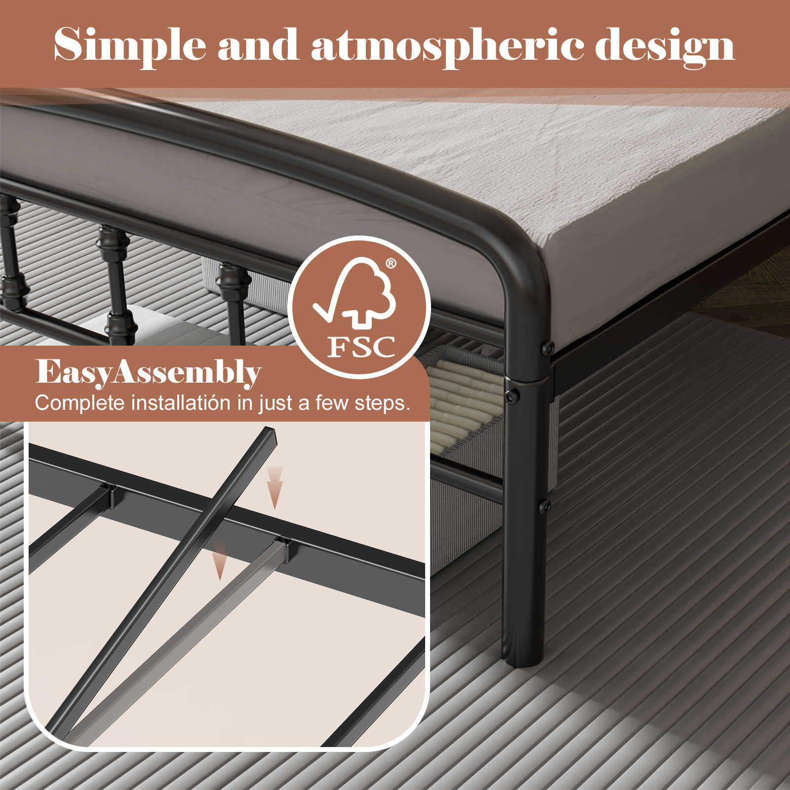 Metal Twin Bed Frames, Victorian Style Headboard and Footboard, No Squeak, Heavy Duty 1500lbs Support, Easy 20-Min Tool-Free Assembly, No Box Spring Needed/Underbed Storage