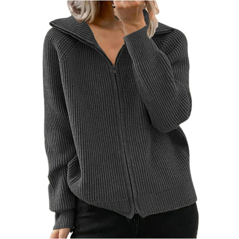 Hfyihgf Women Collared Full Zip Fall Sweater Solid Long Sleeve Athleisure  Cardigan Coat Trendy Loose Fit Jacket Outerwear(Dark Gray,XL)
