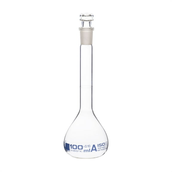 100mL Class A Volumetric Flask, 14/23 Socket, Hexagonal Hollow Stopper, Borosilicate Glass, Blue Printing, ISO 1042 Certified, Precise Solution Preparation, Analytical Chemistry, Laboratory Use