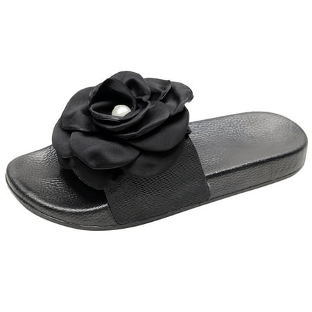 

Quealent Adult Women Shoes Womens Wide Slippers Women Slippers Summer New Pattern Silk Flower Pearl Decoration Slippers for Women Wide Width Black 8