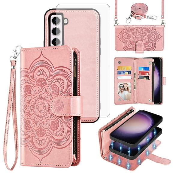 Asuwish Phone Case for Samsung Galaxy S23 5G Zipper Wallet Magnetic Detachable Cell Cover with Tempered Glass Screen Protector Crossbody Strap Flower Card Holder Slot S 23 23S SM-S911U Women Purple