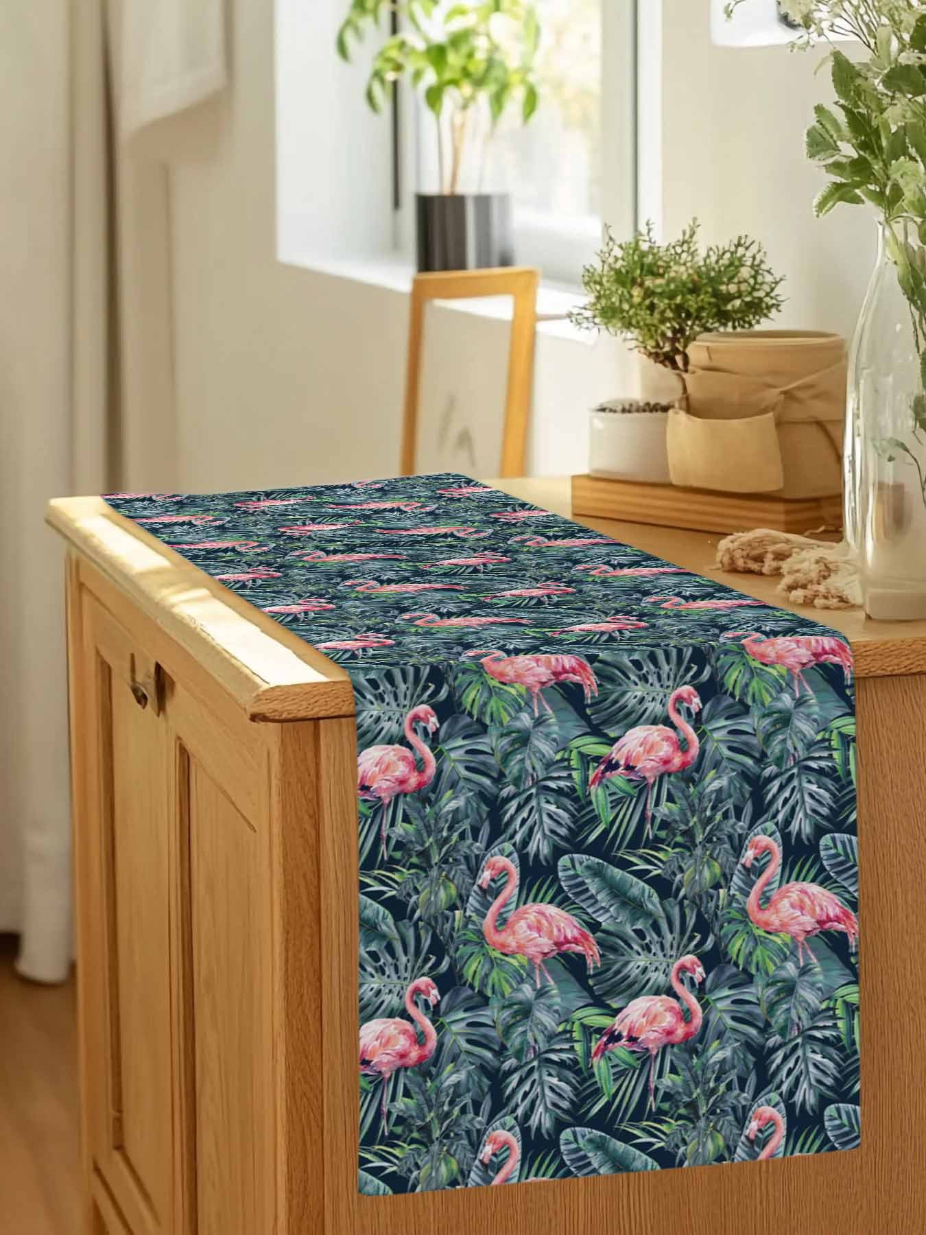 Pink Flamingo Table Runner, Country Tropical Animal Green Monstera Plant Farmhouse Washable Cotton-linen Table Runners Dining Kitchen Decoration for Everyday Home Wedding Party Decor, 13 x 108 Inch