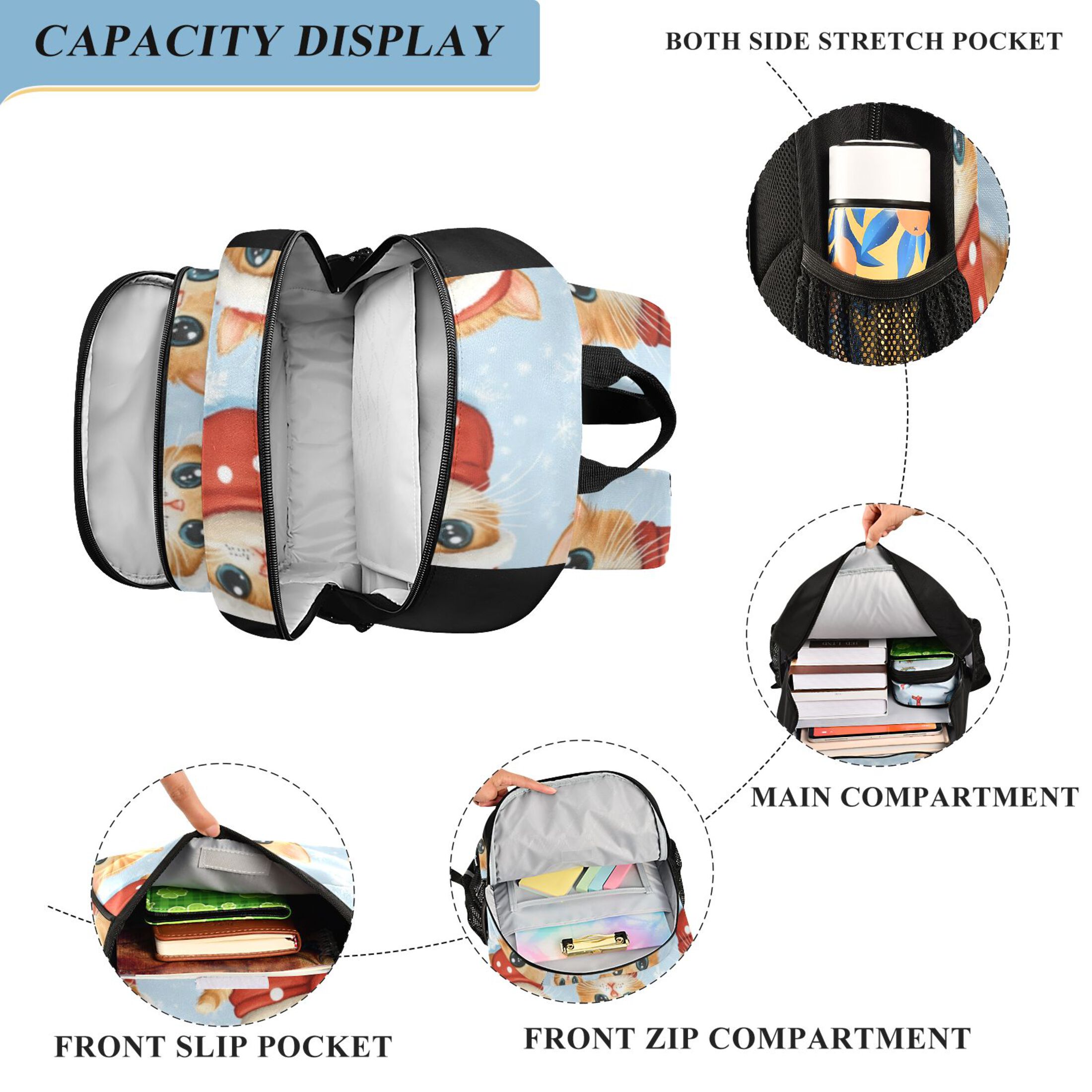 Backpack 12.9 *5.1 * 17.7 Inches Outing Backpack, Shopping Backpack, Travel Backpack Santa Hat Cat