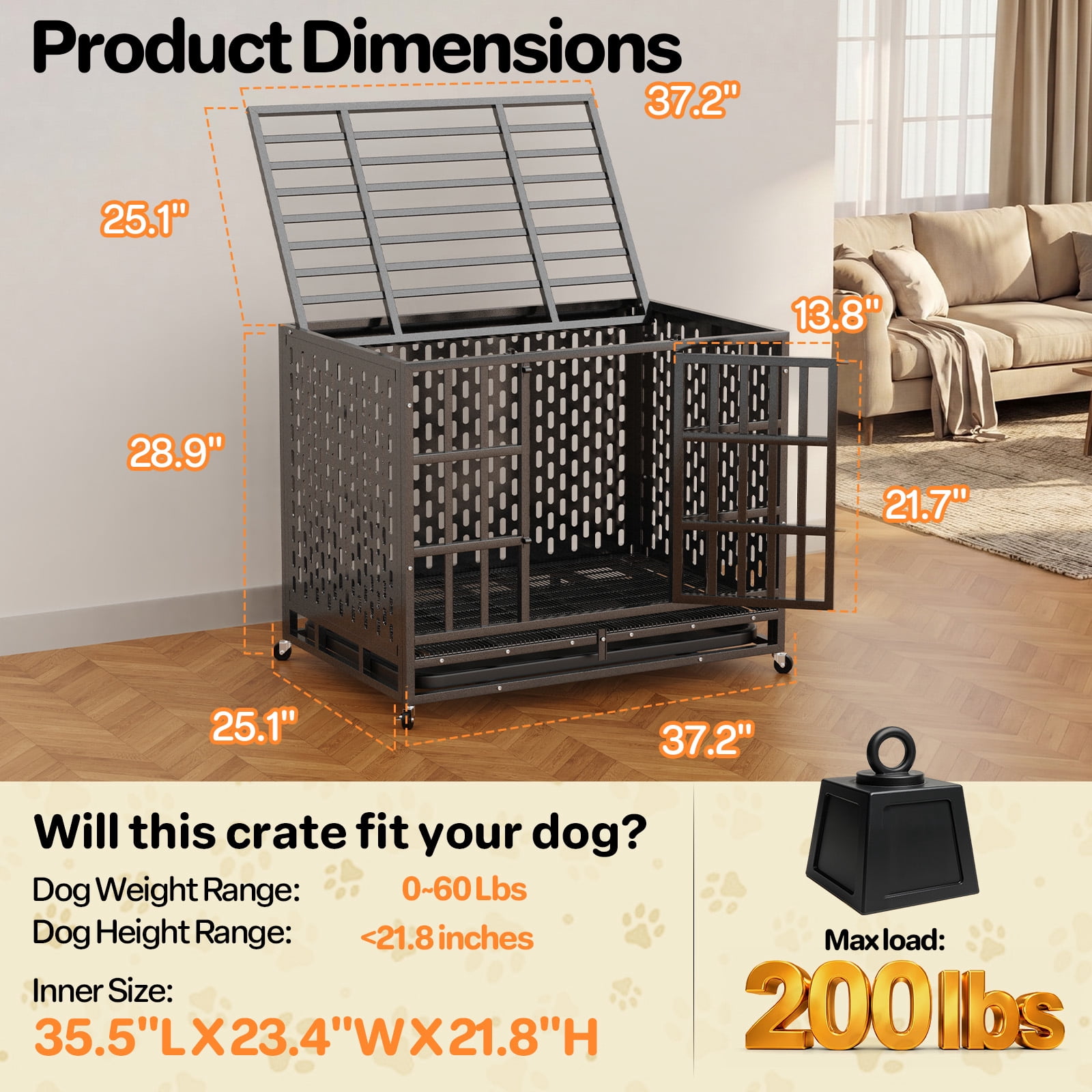YOKWOK 38 Inch Heavy Duty Dog Crate for Small Dogs, Indestructible Chew-Proof & Escape-Proof Dog Cage for High Anxiety Dogs, Steel Dog Kennel with Locking Wheels & Removable Tray, Black