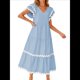 thumbnail image 3 of Vestido Midi Informal de Verano 2025 para Mujer, con Escote en V, Corta, Volantes, Corte A, . Azul XXL, 3 of 10