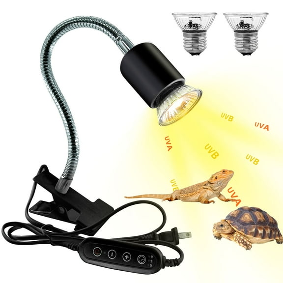 Reptile Heat Lamp,UVA UVB Reptile Light with 360°Rotatable Hose and Timed with 2 Bulbs(25W,50W),Basking Calcium Light Heat Lamp Bulbs for Turtle,Bearded Dragon,Lizard,Snake Tank