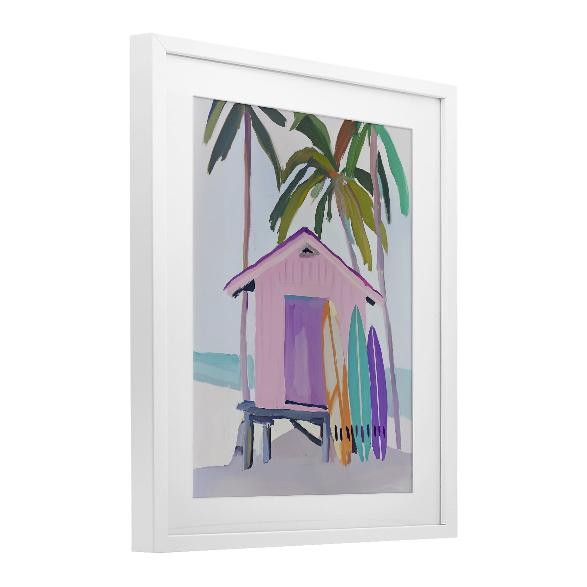 Stupell Industries Pink Beach Hut with Surfboards White Framed Print Under Glass, design by Sisi and Seb