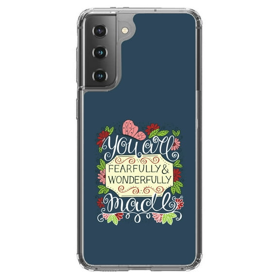 DistinctInk Clear Shockproof Hybrid Case for Galaxy S21  PLUS 5G (6.7" Screen) - TPU Bumper, Acrylic Back, Tempered Glass Screen Protector - You Are Fearfully & WonDefully Made