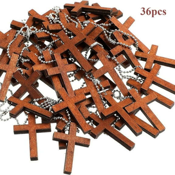 Wooden Pocket Cross Pendants Contains 36pcs Cross with Chains for Church Praying/Gifts/Crafts for DIY Keychains(1.77×1.2×0.2in)