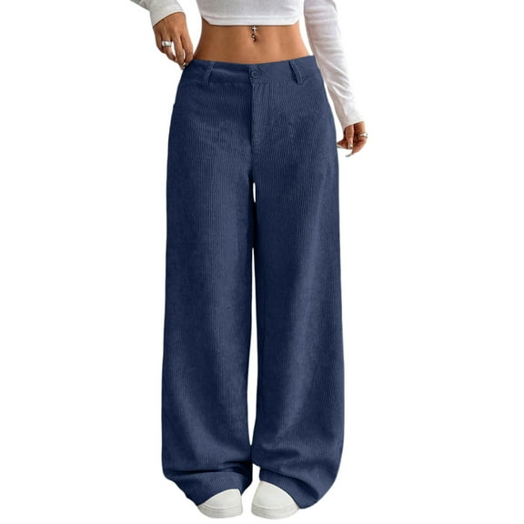 Mohiass Women's Casual Pants Corduroy Straight Leg Lounge Pants Plain Loose Trousers Fashion Long Pants Navy 2XL
