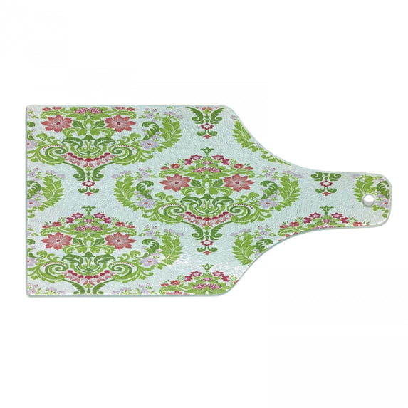 Damask Cutting Board, Floral Arrangement Damask Green Foliage Design Print, Decorative Tempered Glass Cutting and Serving Board, Wine Bottle Shape, Green Coral Pale Mauve, by Ambesonne