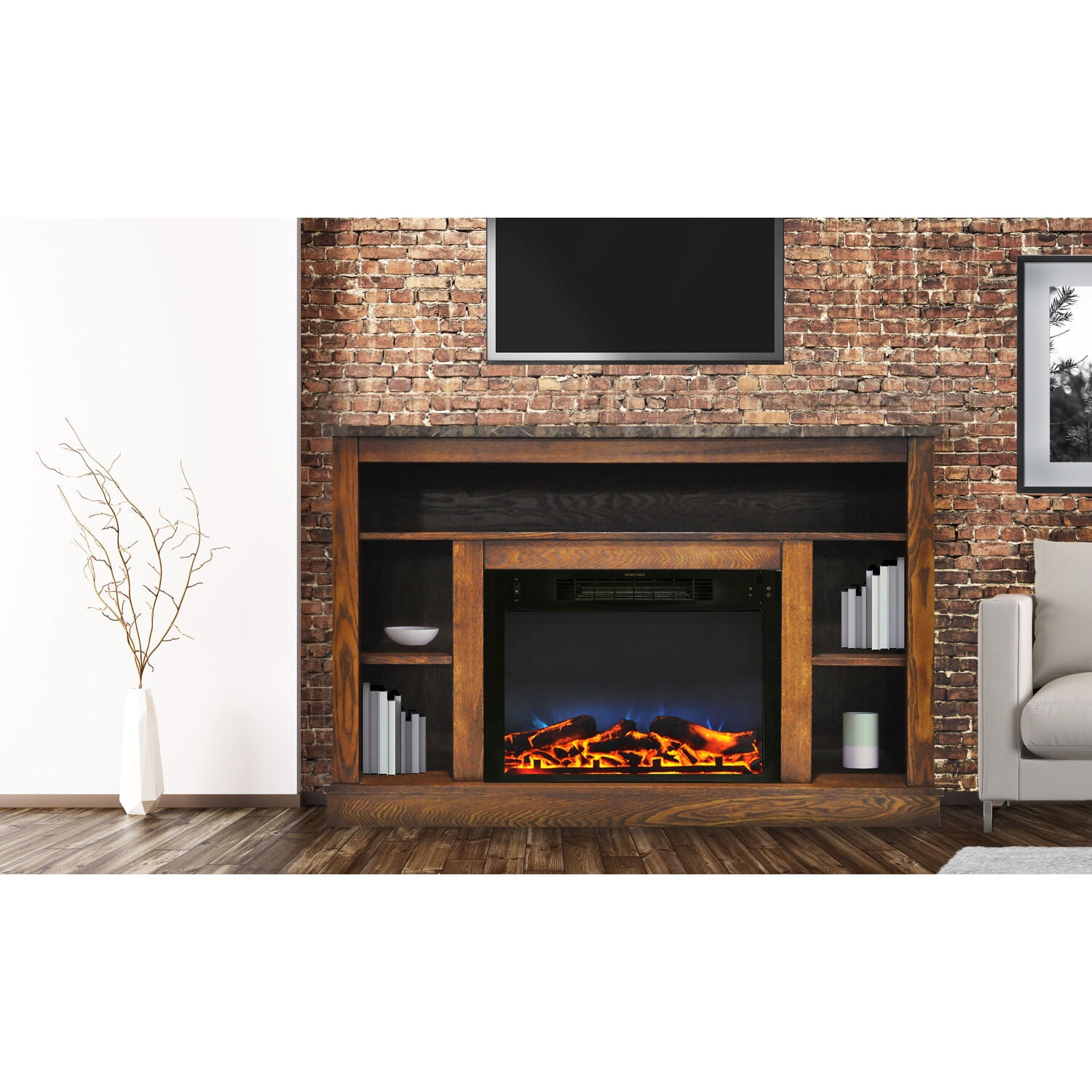Hanover Oxford 47 In. Electric Fireplace Heater with 1500W Deep Log Insert, Multi-color Flames, and A/V Storage Mantel in Walnut