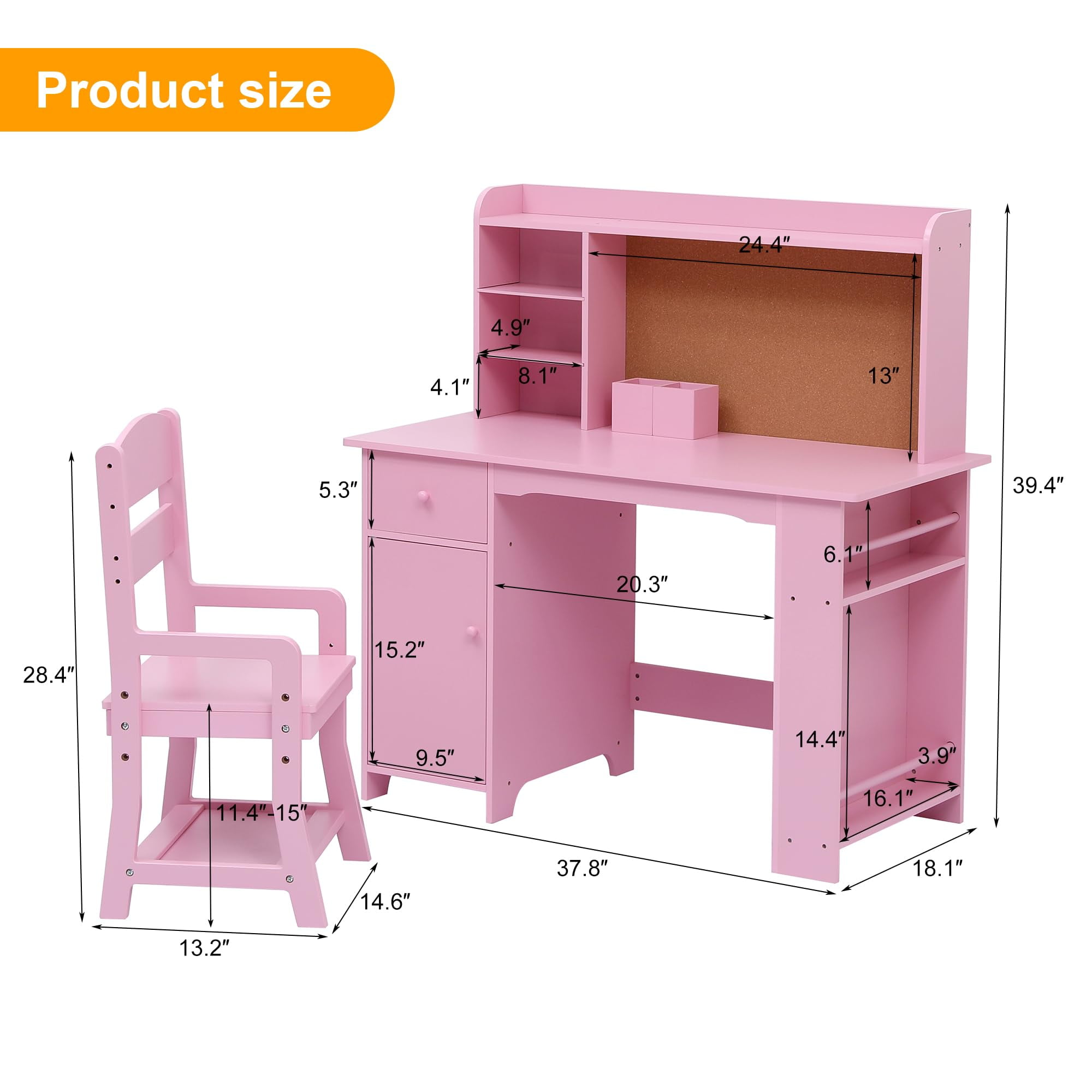 Juiluna Kids Desk and Chair Set, Wooden Study Table with Storage Shelf, Bulletin Board, Children School Learning Desk Set, Writing Table for Boys and Girls, Pink/White