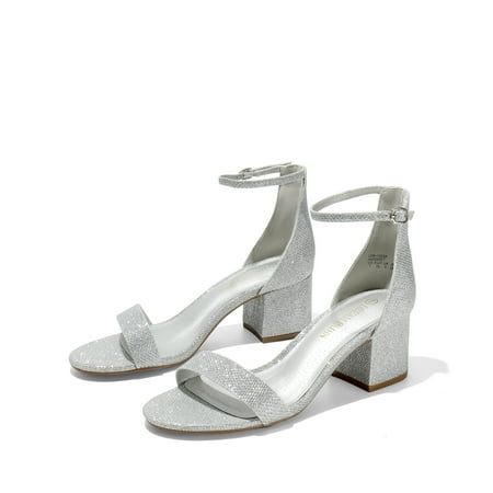 BURUDANI Women s Fashion Low Heel Ankle Strap Pump Sandals Open Toe Party Dress Shoes SILVER/GLITTER Size 6.5