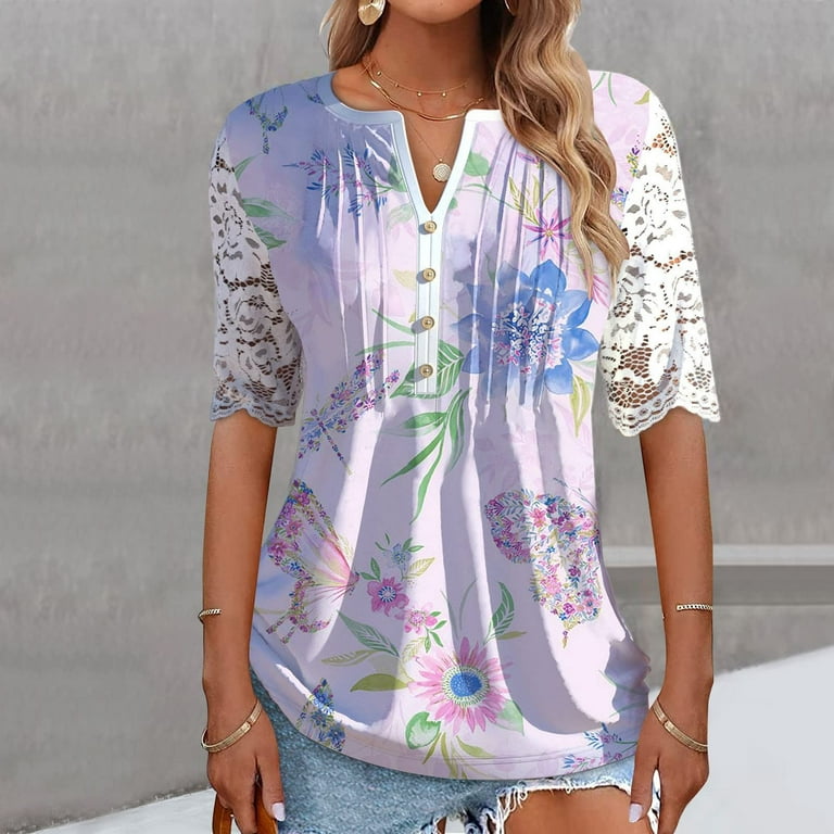 Womens Summer Short Sleeve Shirts Vintage Floral Print Raglan Blouse Casual  V Neck Loose Fit Tunic Tops Camisa at  Women's Clothing store