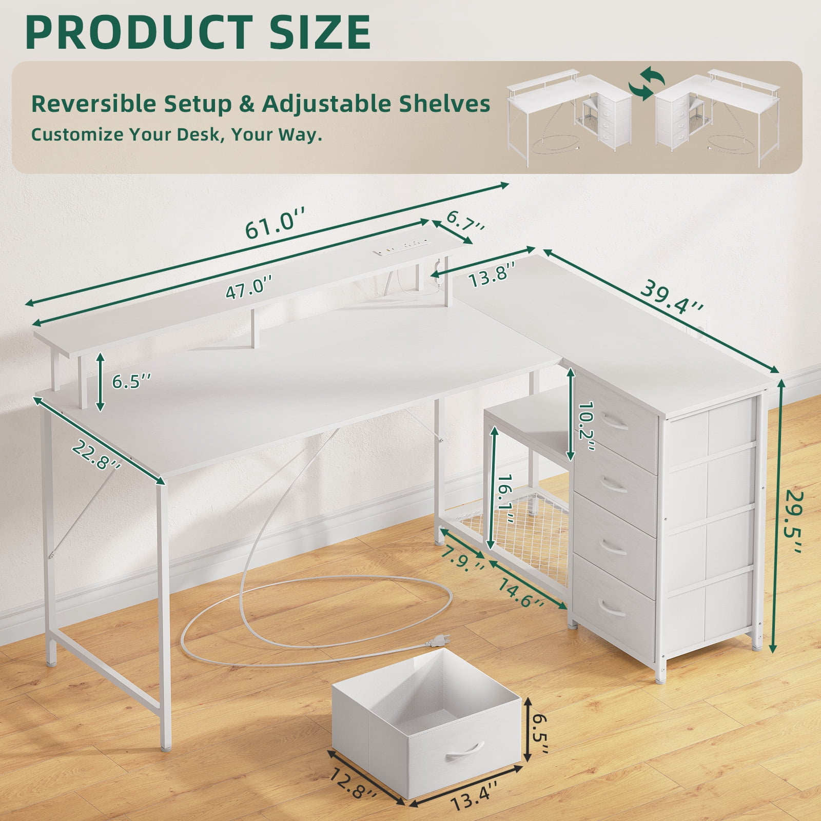Eunos 61 inch L Shaped Gaming Desk with Power Outlets & LED Light, Computer Desk with 4 Tiers Drawers for Home Office, White