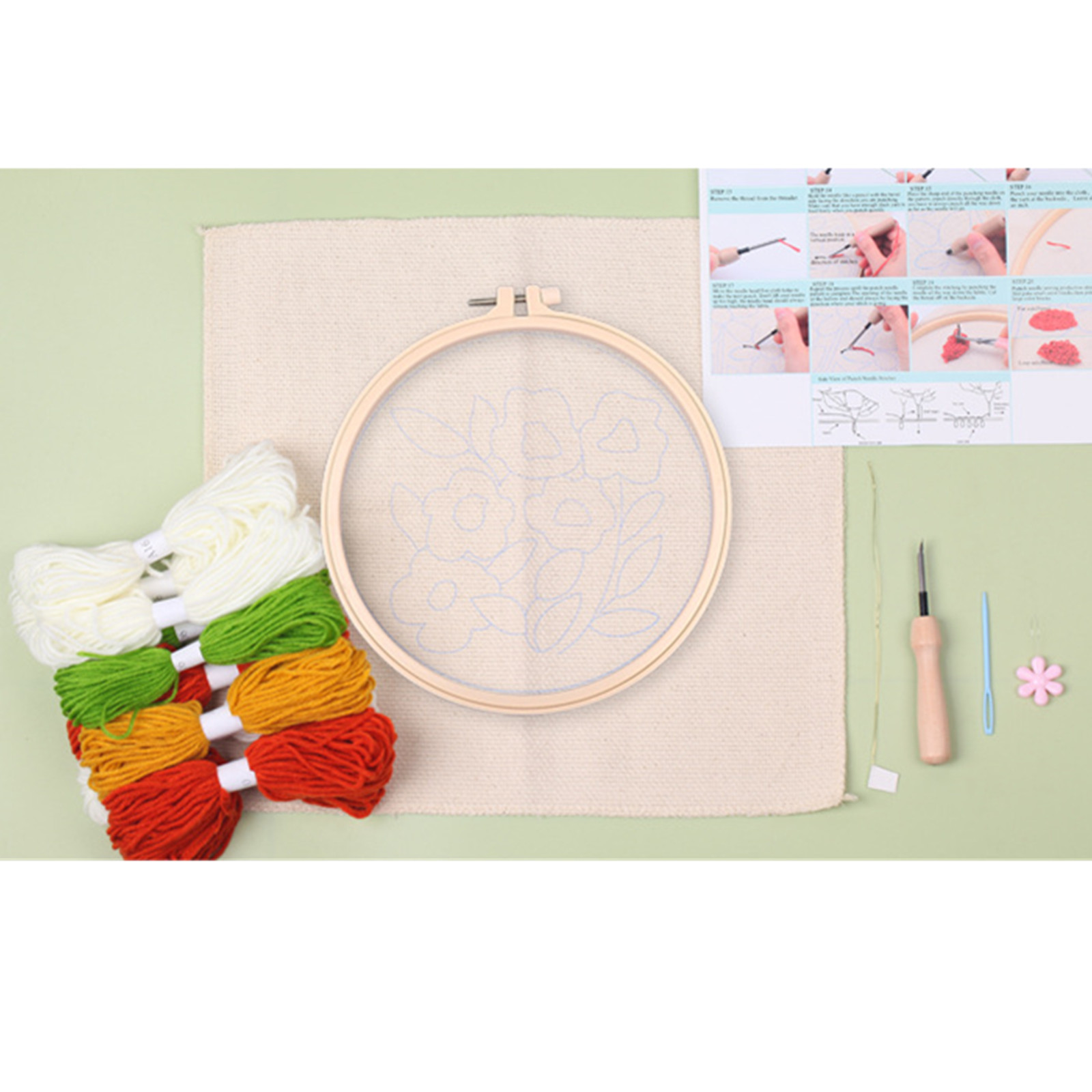 Historyli Go5H Punch Needle Kits For Beginners, Flower Punch Needle Embroidery Starter Kits With Punch Needle Fabric, Embroidery Hoops And Yarns, Washable Fabric