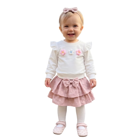 Toddler Girl Winter Fall Outfit Flower Sweatshirt Layered Skirt Headband