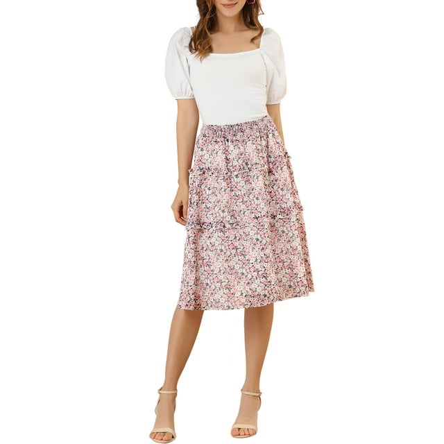 Unique Bargains Women's Floral Chiffon Elastic Waist Layer Ruffle Hem Midi Skirt