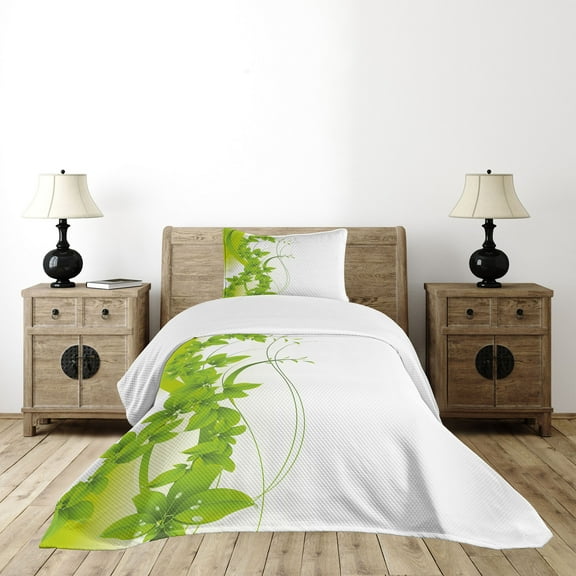 Ambesonne Green Quilted Bedspread Set 2 Pcs, Blooming Fantasy Flora, Twin Size, Apple Green White