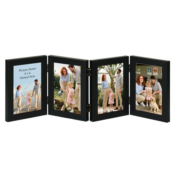 4x6 Quadruple Picture Frame with PS Glass Display Vertically 4 by 6 Photo, Black Hinged Folding Frame for Tabletop Standing