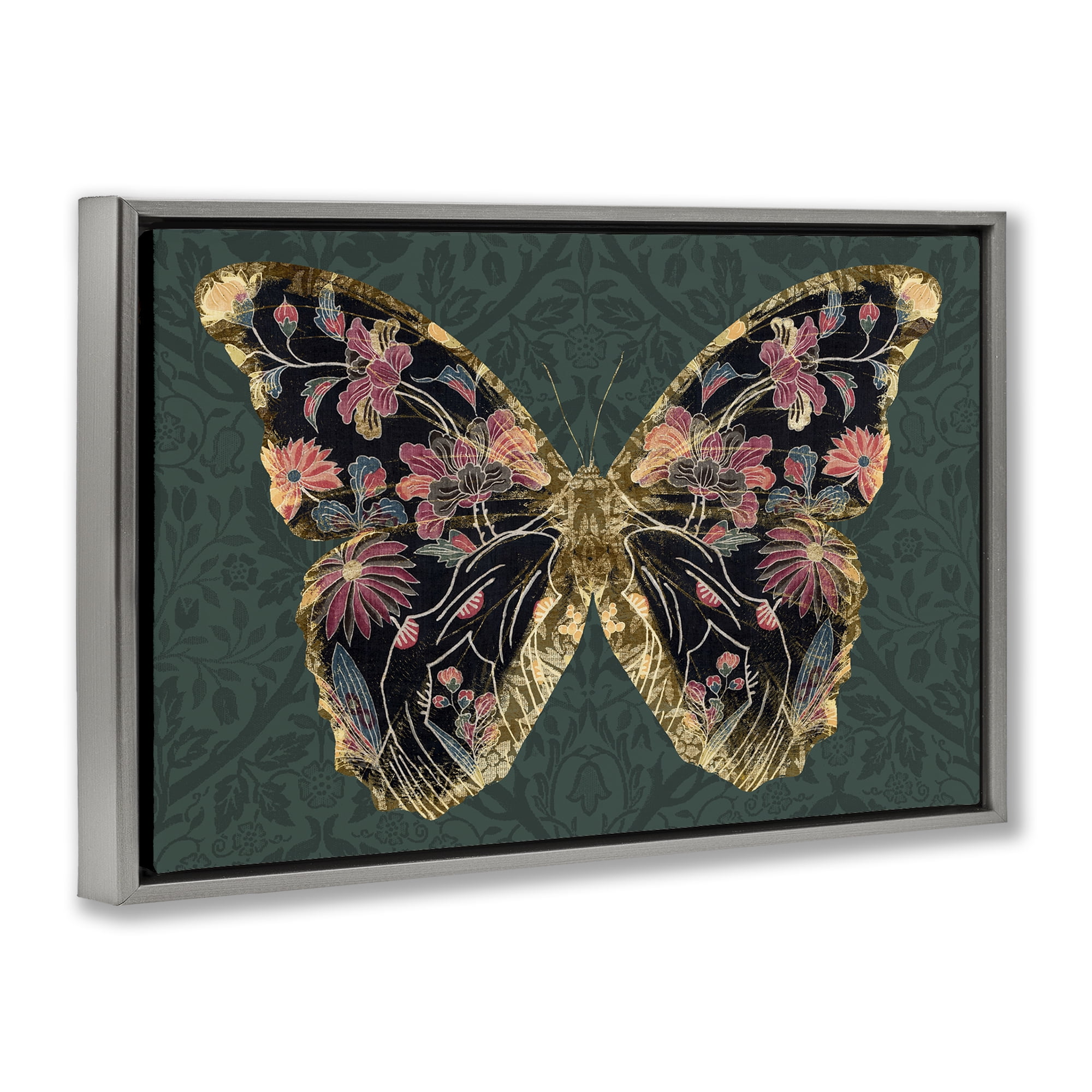Stupell Industries Ornate Pattern Butterfly Animals Painting Gray Floater Framed Canvas Art Print Wall Art, 25 x 17