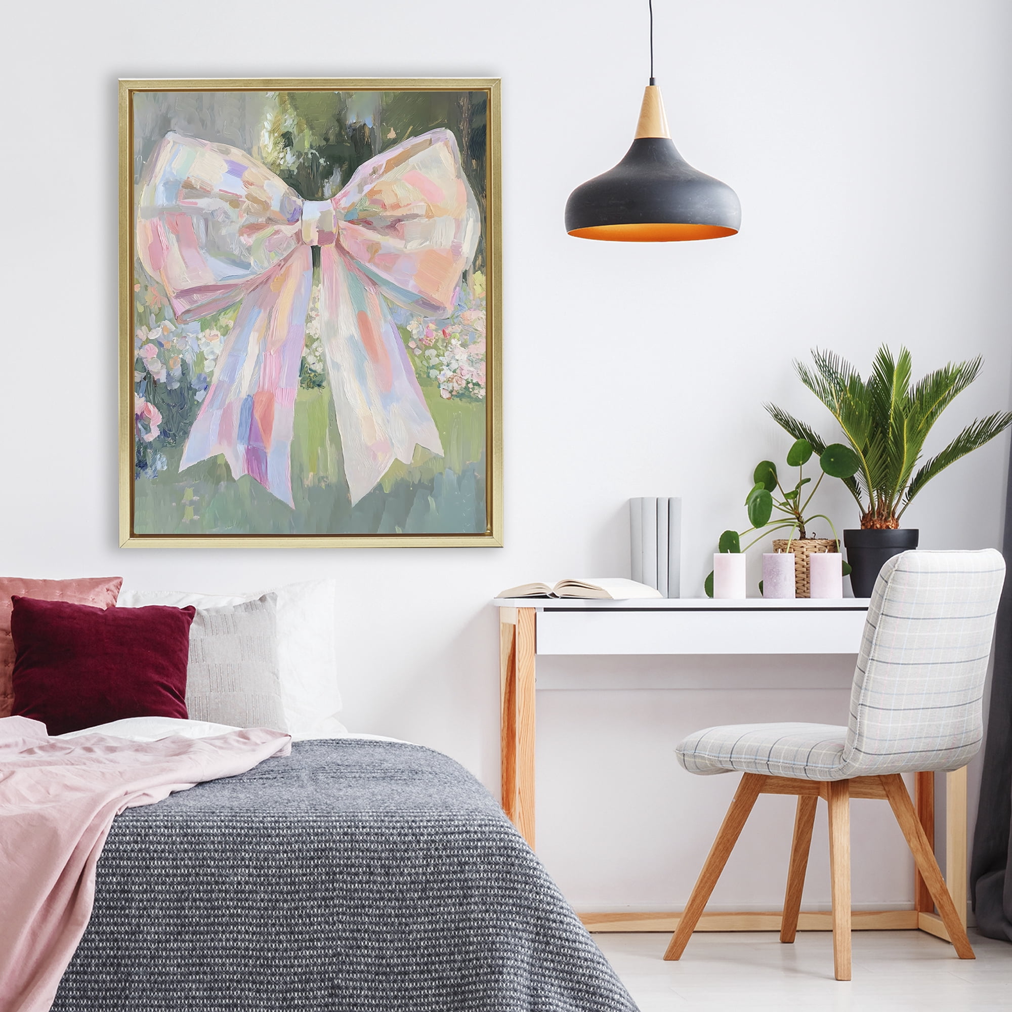 Stupell Industries Iridescent Pink Bow in Garden Gold Framed Floater Canvas Wall Art, design by The Prints Vibe