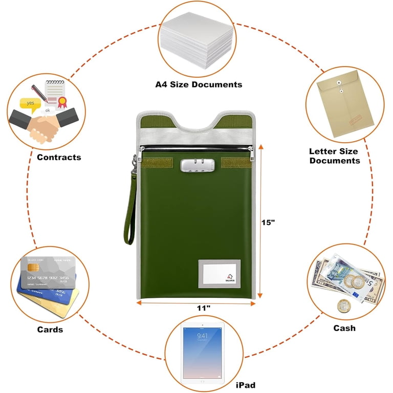 6200°F Fireproof & Waterproof Document Bag With Lock - Large Capacity, Reflective Strip, Zipper Seal, For Cash, Phones, Cards