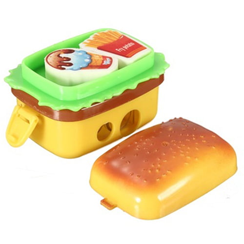 Cute Fun Kids Stationery Set Hamburger Pencil Sharpener with Two Rubbers Eraser 