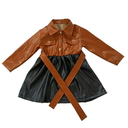 

Esaierr Toddler Girls Faux Leather Jumper Dress for Kids Lapel Patchwork Leather Puff Dress A Line Twirly Skater Versatile Party PU Leather Dress for 1-7 Years